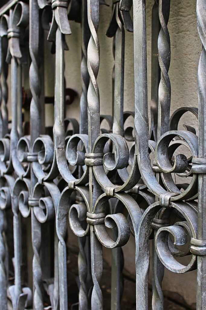 wrought iron, metal art, metal, metal fence, artful, ornament, shape, iron, iron fence, railing, metal railing, blacksmiths, curlicue, grid, iron gate, metal gate